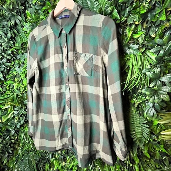 Isaac Mizrahi Live Tops Women 6‎ Green Button Shirt Blouse Collared Plaid 0534 - Picture 6 of 13